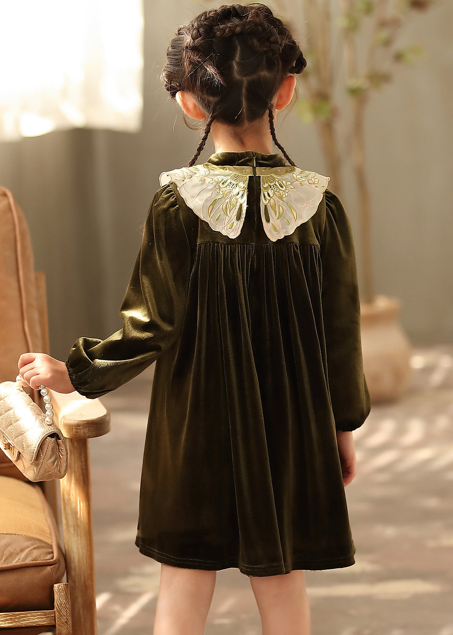 Chinese Style Black Stand Collar Embroideried Silk Velour Girls Mid Dresses Spring TV038