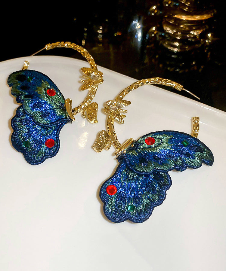 Chinese Style Blue Alloy Inlaid Cloth Embroidery Zircon Butterfly Hoop Earrings QJ048 JEW-EAR241021
