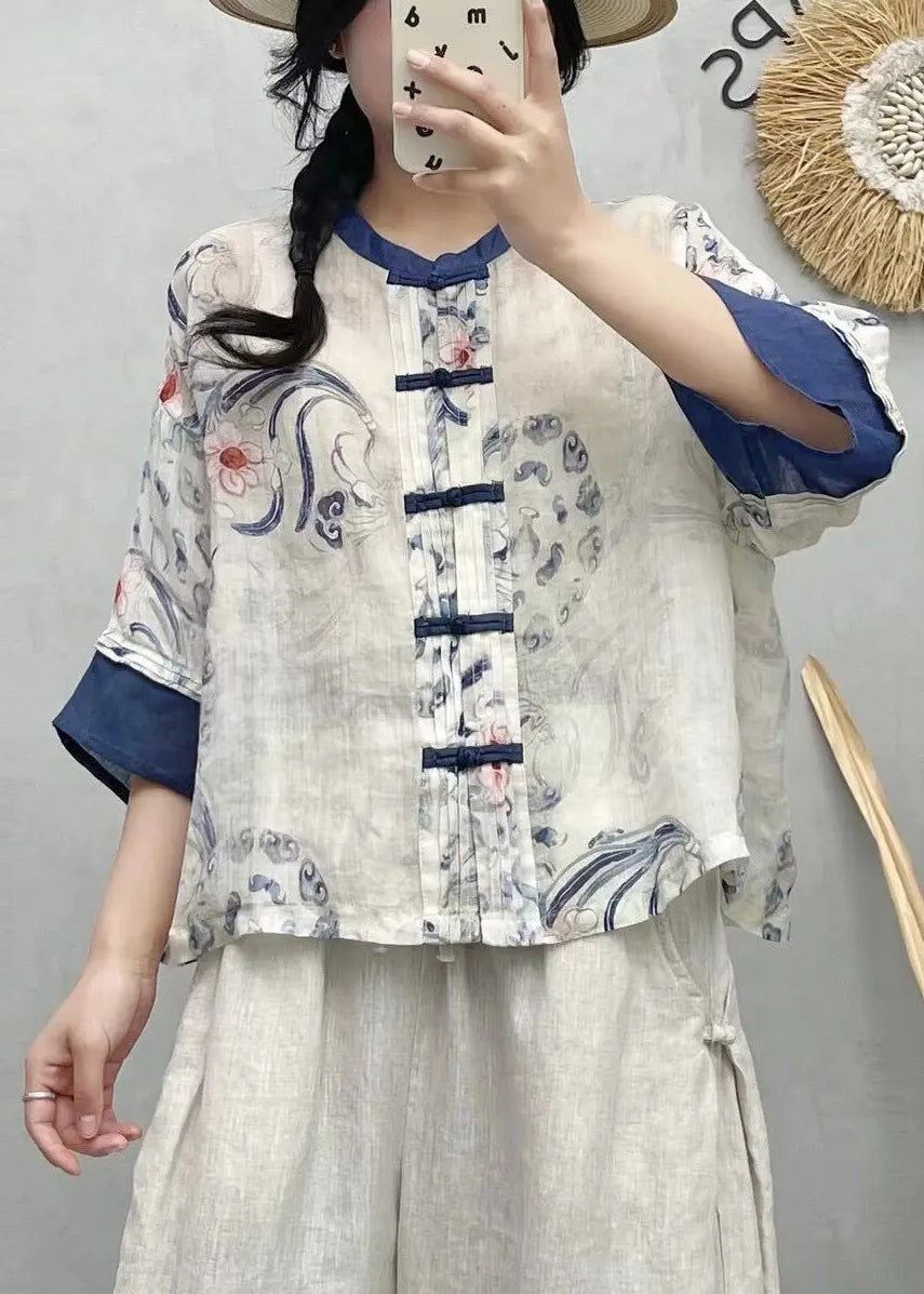 Shirts Summer Style Blue Chinese Linen Patchwork Print FashionChic