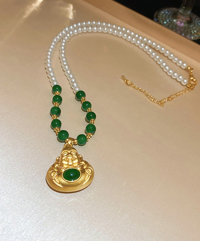 Chinese Style Colorblock Copper Alloy Pearl Buddha Statue Pendant Necklace YI045 ABC