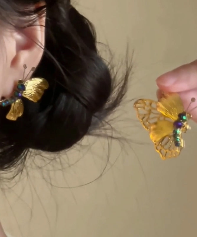 Style Gold Stud Earrings Alloy Chinese Butterfly Beading FashionChic