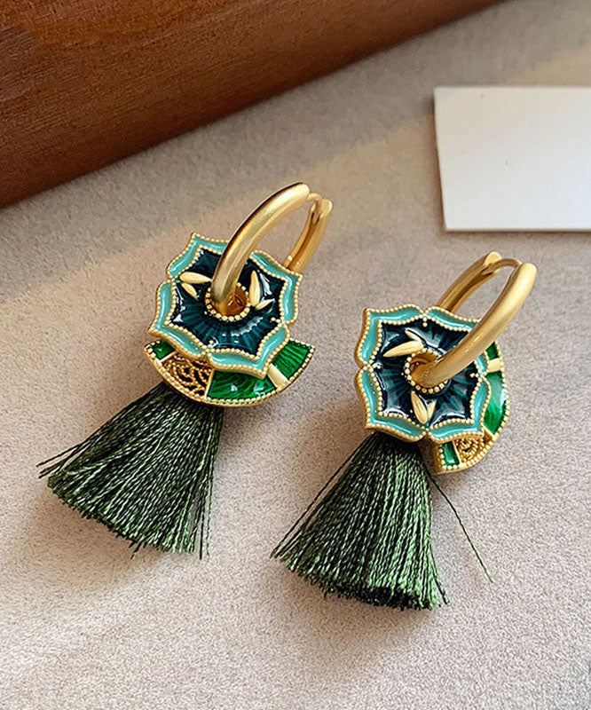 Chinese Style Green Copper Alloy Tassel Hoop Earrings YZ014 ABC
