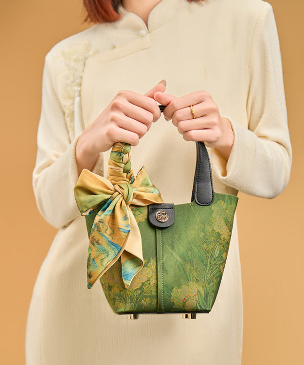 Handbag Chinese Silk Green Versatile Tote Style Print FashionChic