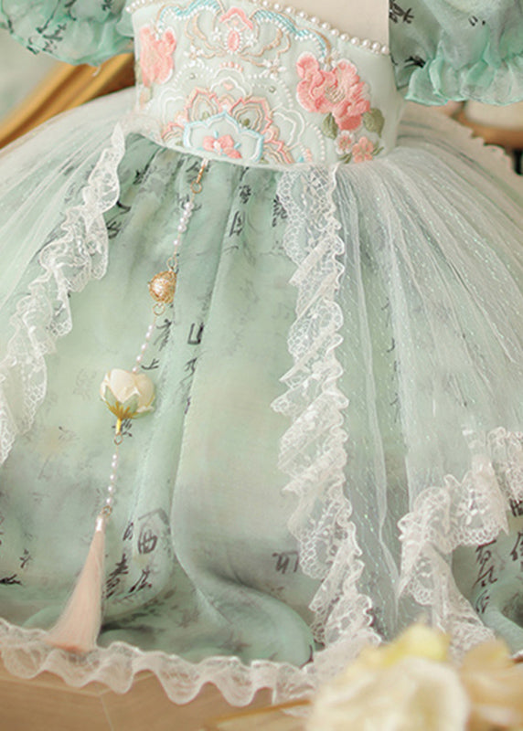Chinese Style Green Stand Collar Embroideried Nail Bead Tulle Kids Long Dress Short Sleeve YE015 ABC