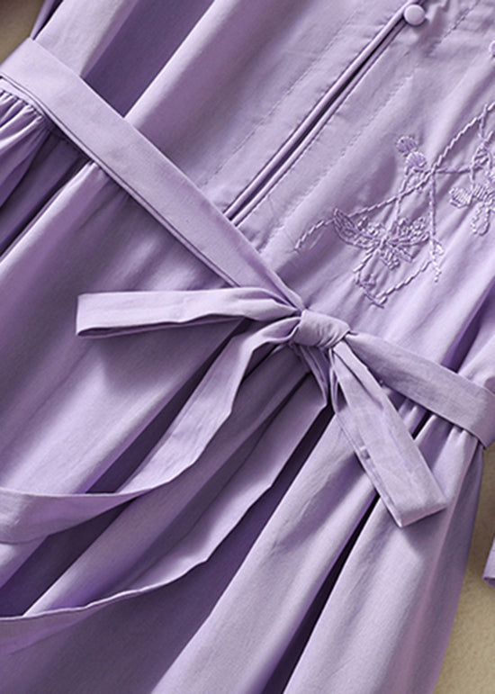 Chinese Style Light Purple Embroidered Tie Waist Cotton Dress Summer AM1051 Genistyle Shop