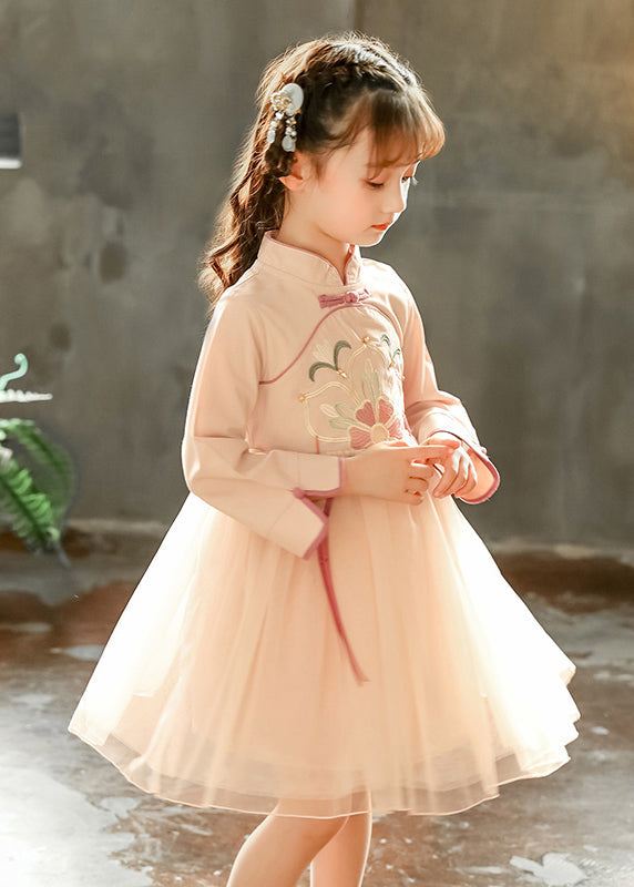 Chinese Style Pink Stand Collar Embroideried Tulle Kids Long Dress Spring YE031 ABC