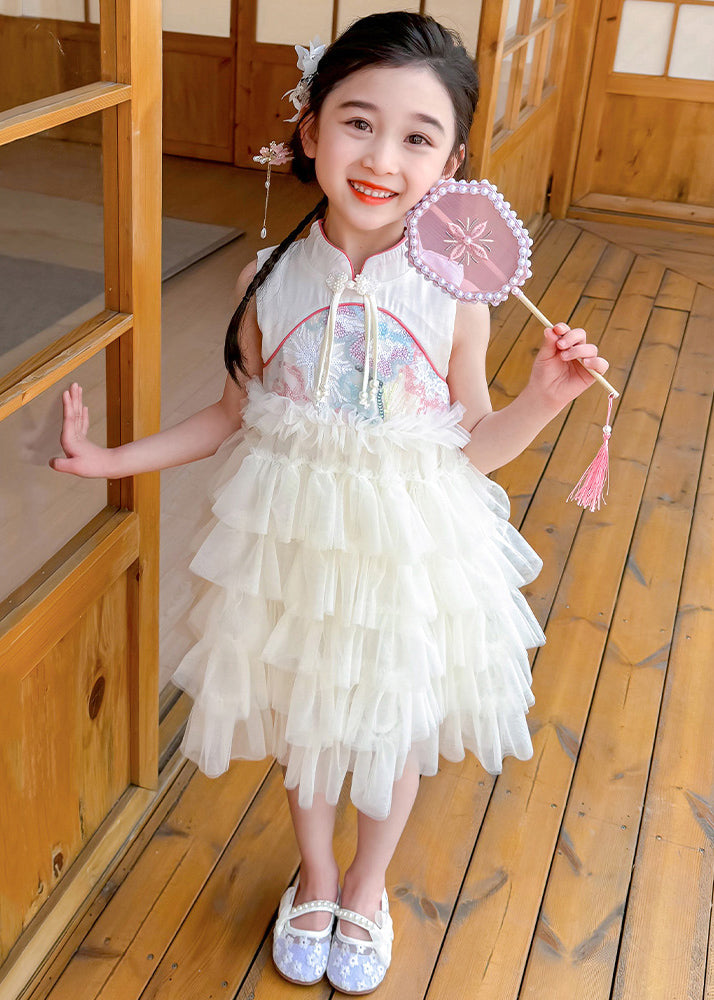 Chinese Style Pink Stand Collar Ruffled Patchwork Tassel Tulle Kids Maxi Dress Summer XZ031 SDGL240618
