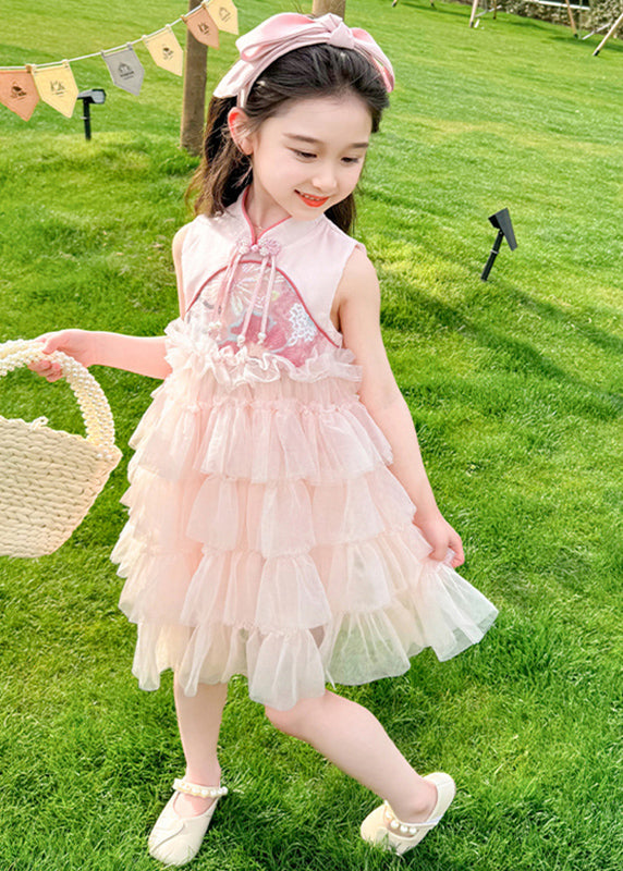 Chinese Style Pink Stand Collar Ruffled Patchwork Tassel Tulle Kids Maxi Dress Summer XZ031 SDGL240618