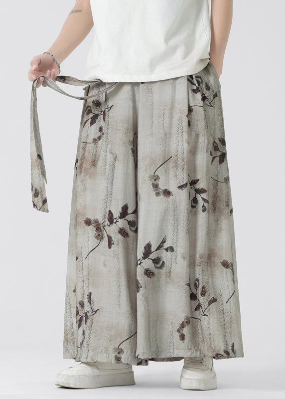 Chinese Style Pockets Print Ice Silk Men Wide Leg Pants Summer YT045 Men-Silk-MENCP240721