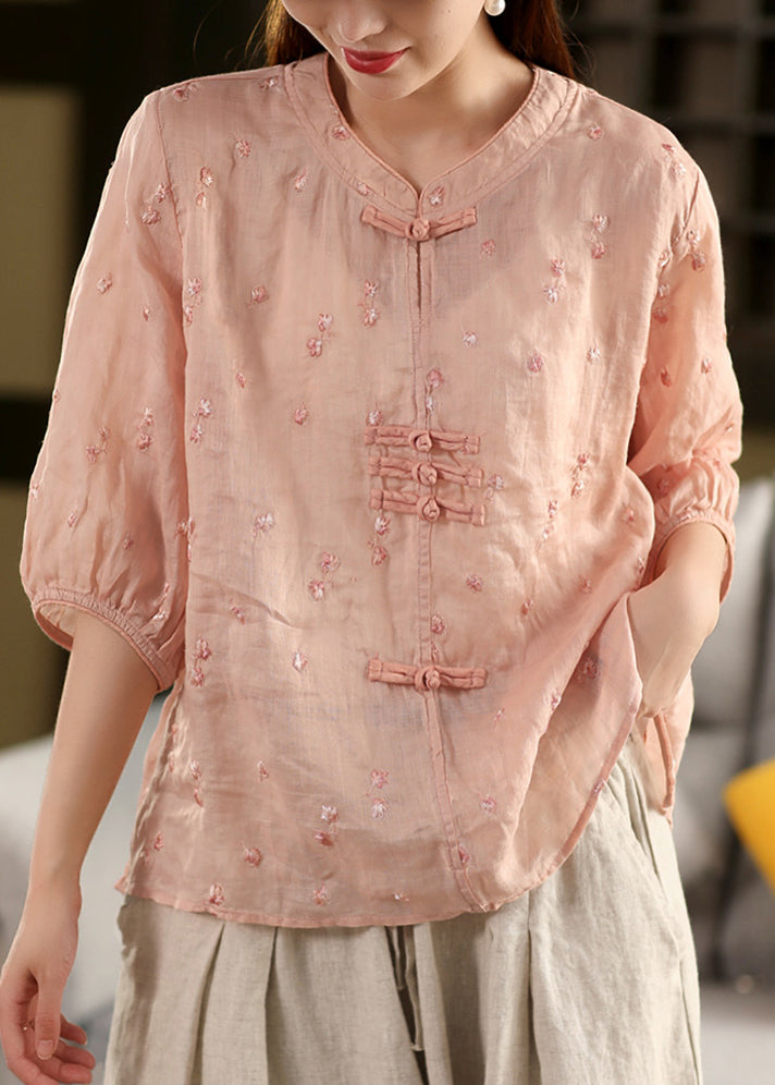 Style Purple Embroidered Linen Button Summer Oriental Top Chinese FashionChic