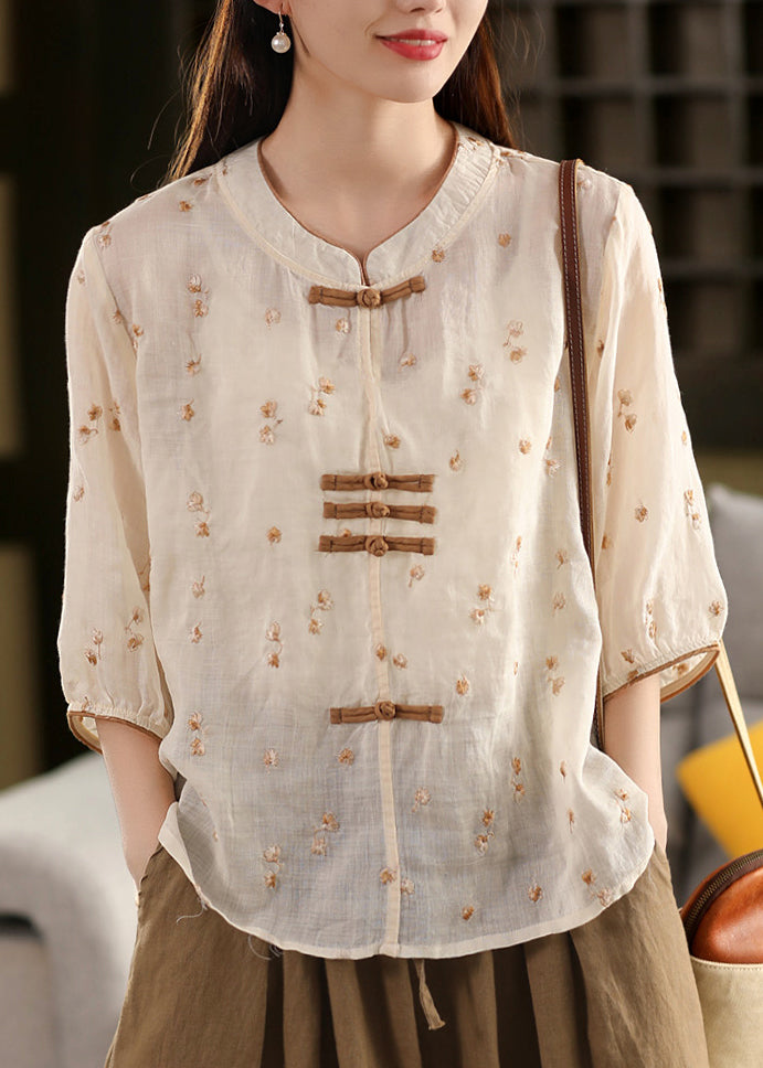 Style Purple Embroidered Linen Button Summer Oriental Top Chinese FashionChic
