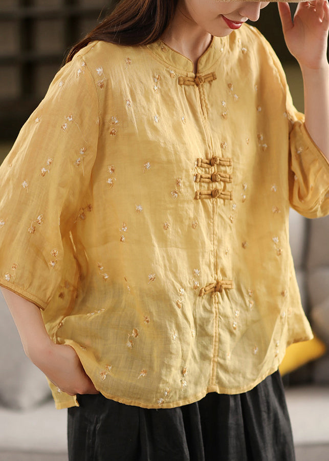 Style Purple Embroidered Linen Button Summer Oriental Top Chinese FashionChic
