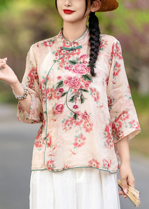 Bracelet Chinese Print Shirt Sleeve Linen Button Style Red FashionChic