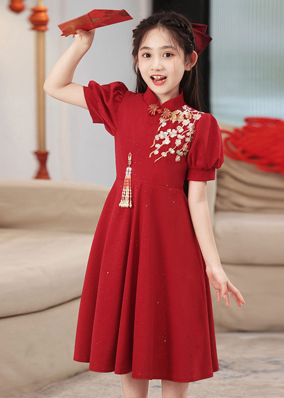 Short Collar Girls Chinese Style Stand Patchwork Maxi Dresses Red FashionChic