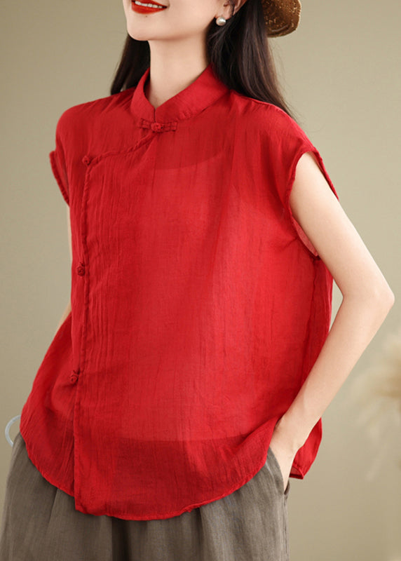 Stand Style Chinese Shirt Sleeve Short Patchwork Collar Red Linen FashionChic