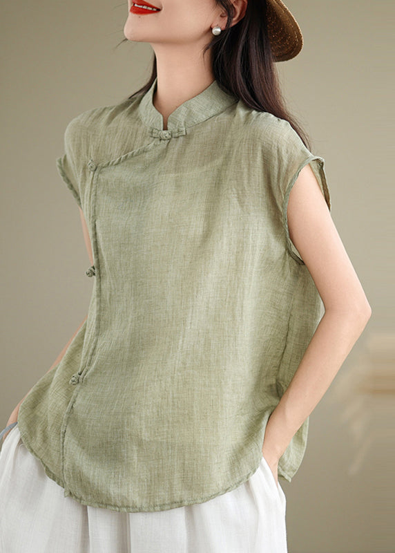 Stand Style Chinese Shirt Sleeve Short Patchwork Collar Red Linen FashionChic