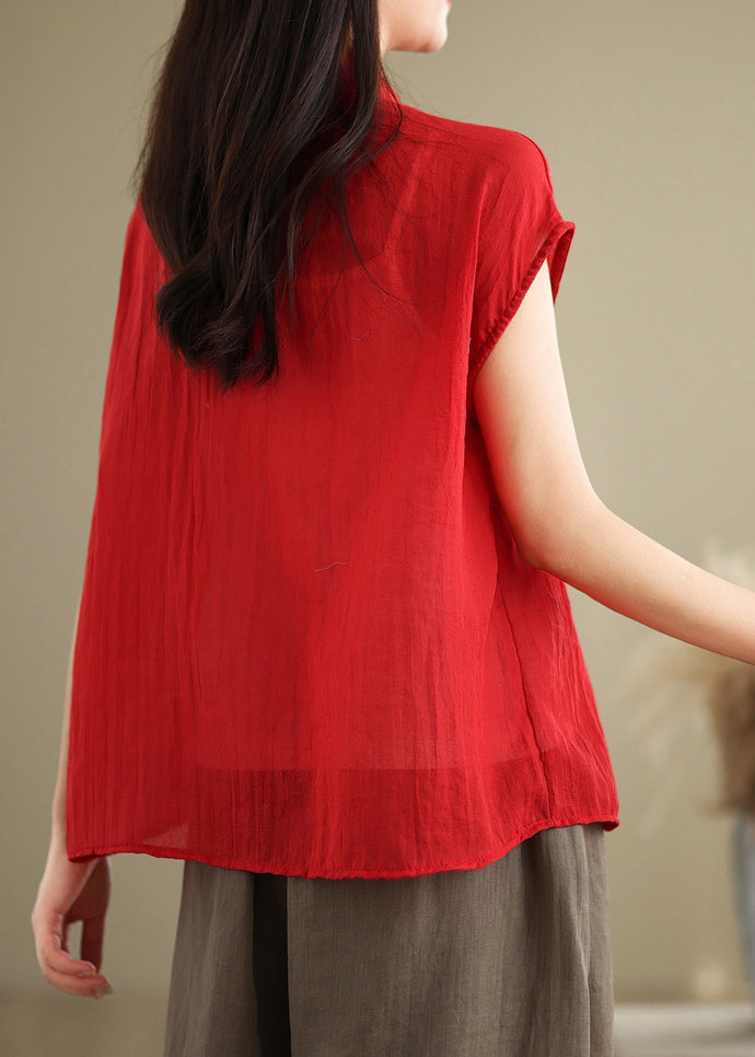 Stand Style Chinese Shirt Sleeve Short Patchwork Collar Red Linen FashionChic