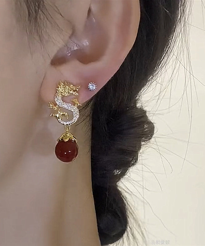 Chinese Style Red Sterling Silver Overgild Zircon Pearl Dragon Shaped Drop Earrings YX013 ABC