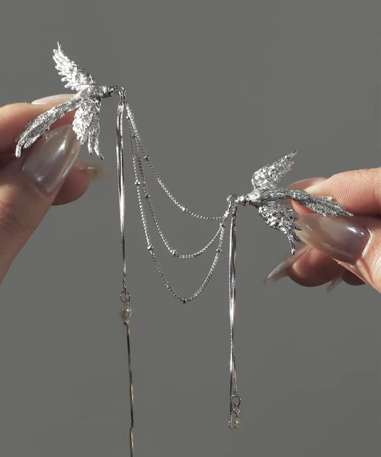 Chinese Style Silk Sterling Silver Pearl Phoenix Seeking A Mate Tassel Brooch RA021 ABC