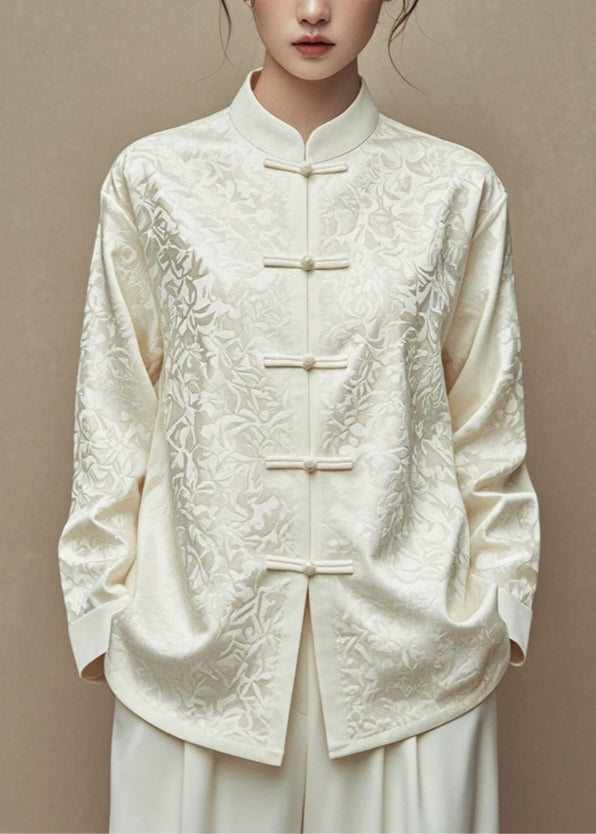 Chinese Style White Stand Collar Button Coats Fall AG1045 OM-ZS240913