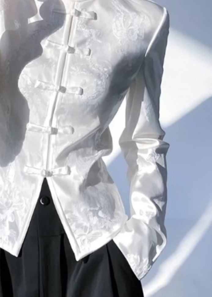 Chinese Style White Stand Collar Oriental Button Silk Shirt Top Spring YZ018 ABC