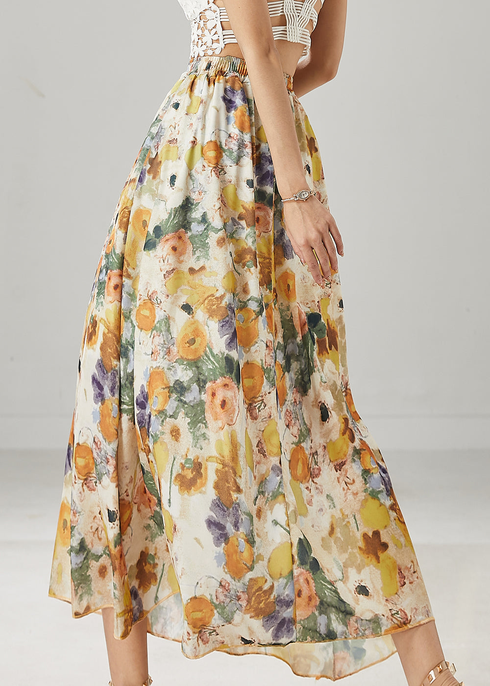 Classy Apricot Elastic Waist Print Linen Skirts Summer YU1006 Ada Fashion