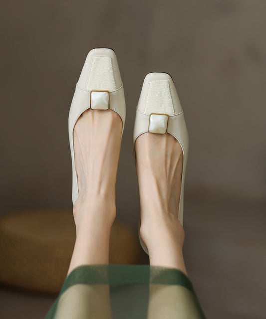 Toe Square Splicing Heels Classy Leather Beige High Cowhide FashionChic