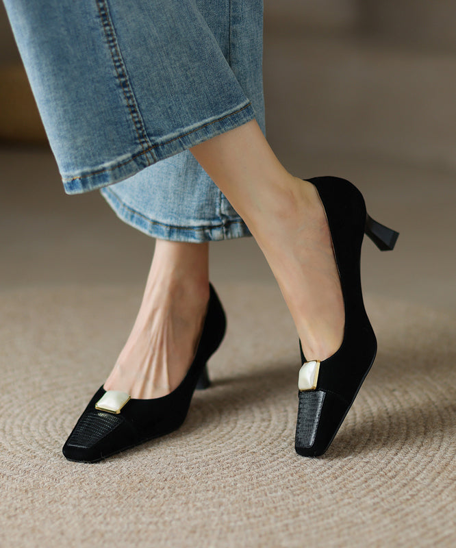 Toe Square Splicing Heels Classy Leather Beige High Cowhide FashionChic