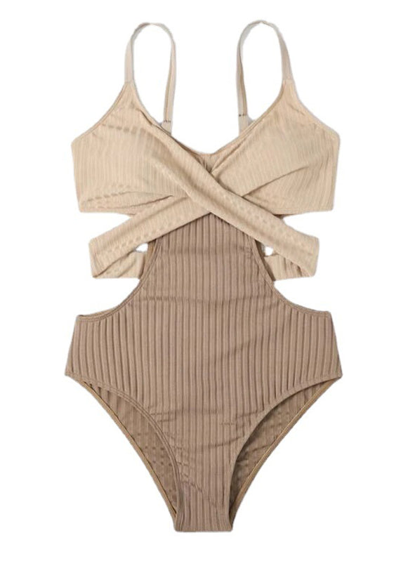 Classy Beige Striped Patchwork Backless Swimwear Bodysuit VC056 WM-Beach-LTY240615