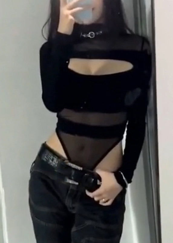 Classy Bodysuit Solid Out Tulle Hollow Black FashionChic