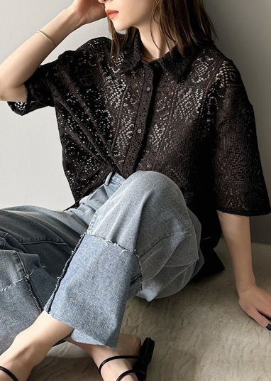 Out Oversized Hollow Summer Lace Classy Black Shirts FashionChic