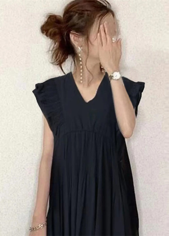 Sleeveless Black Classy Patchwork Ruffled Cotton Dress Tunic FashionChic