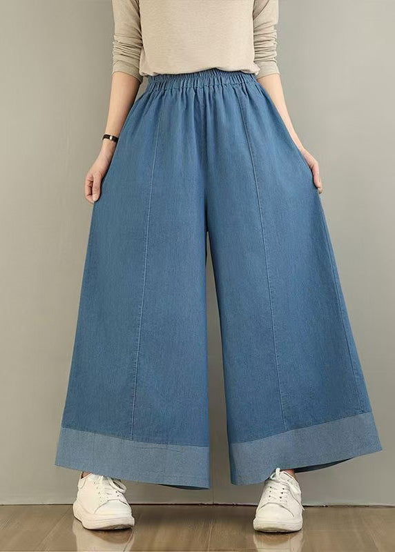 Pants Leg Denim Wide Waist Classy Elastic Summer Blue FashionChic