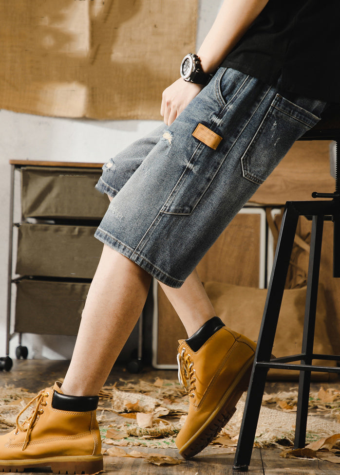 Classy Blue Hole Lace Up Denim Men Shorts Elastic Waist Summer YL022 ABC