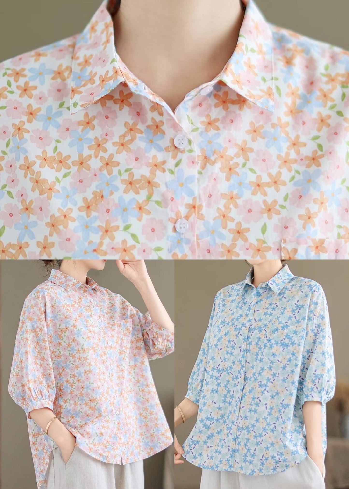 Sleeve Classy Half Cotton Blue Blouse Tops Print Oversized FashionChic