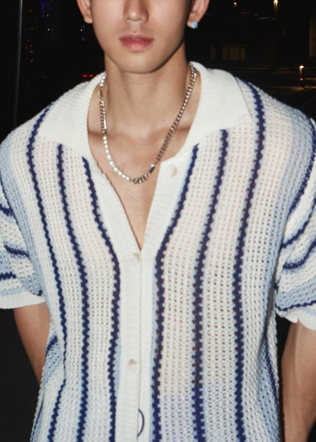 Striped Tshirt Mens Pan Collar Knit Summer Peter Blue Classy FashionChic