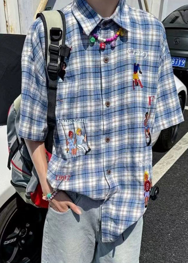 Shirts Cotton Plaid Print Half Button Classy Blue Men's Sleeve FashionChic