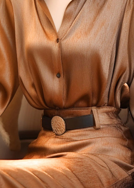 Blouse Stand Button Lantern Classy Collar Silk Top Sleeve Brown FashionChic