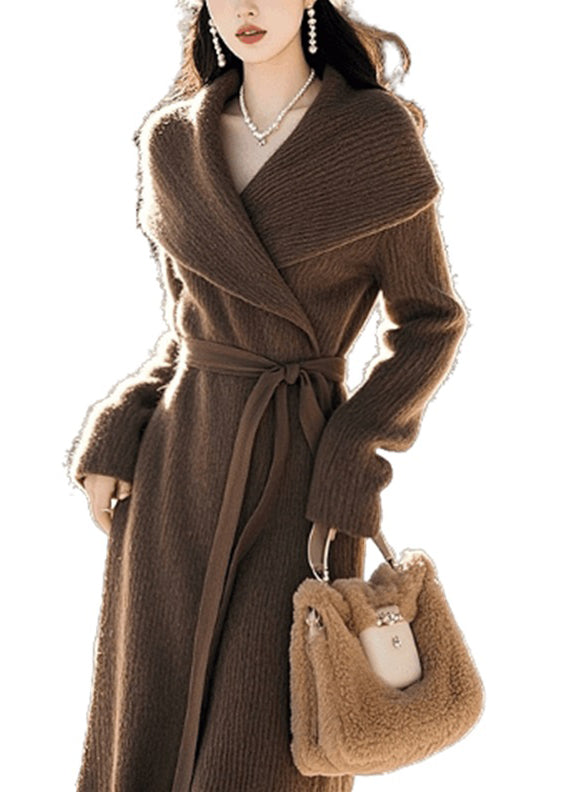 Classy Coffee Peter Pan Collar Tie Waist Knit Sweaters Dress Spring TN047 ABC