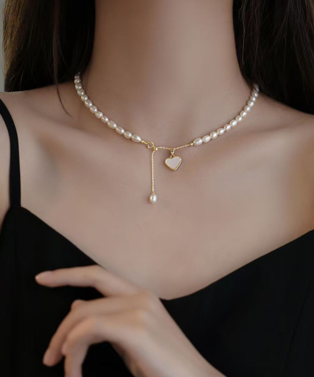 Classy Gold Sterling Silver Alloy Love Pearl Tassel Pendant Necklace RA023 ABC