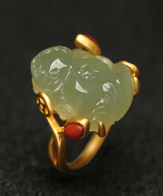 Classy Green Sterling Silver Overgild Jade A Mythical Wild Animal Rings QI079 JEW-RIN240928