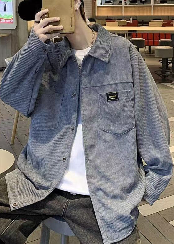 Grey Button Coats Coat Oversized Pockets Men Classy Corduroy FashionChic