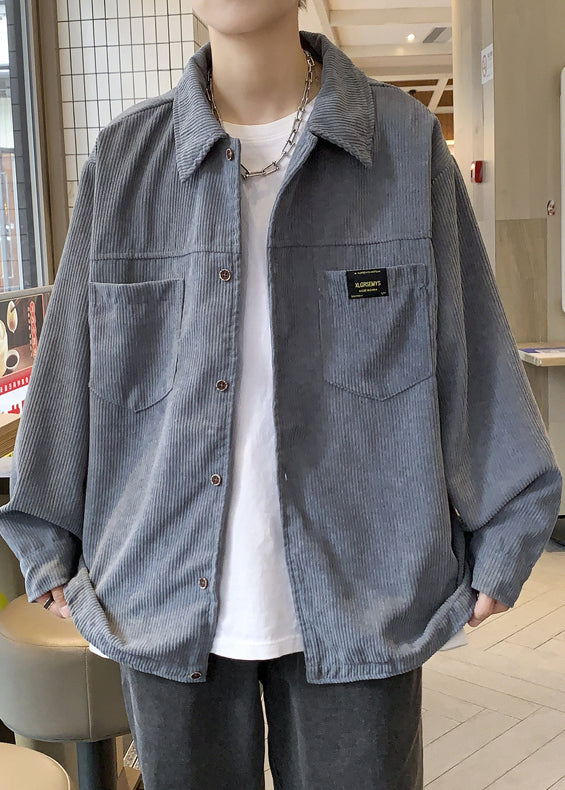 Grey Button Coats Coat Oversized Pockets Men Classy Corduroy FashionChic