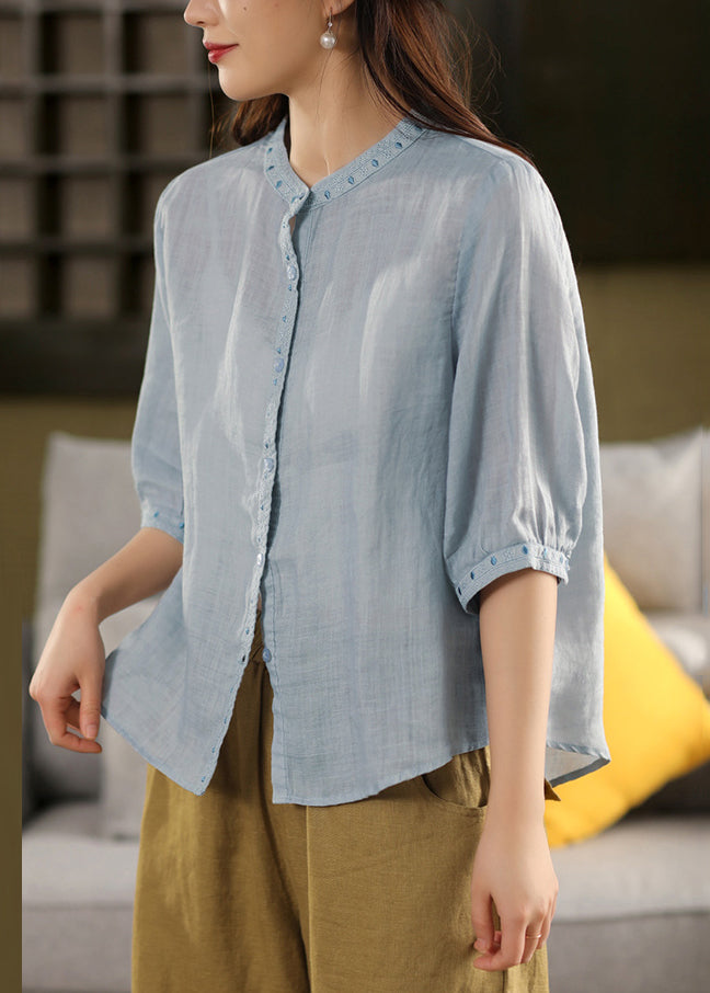 Sleeve Grey Half Embroidered Linen Classy Button Blouses FashionChic
