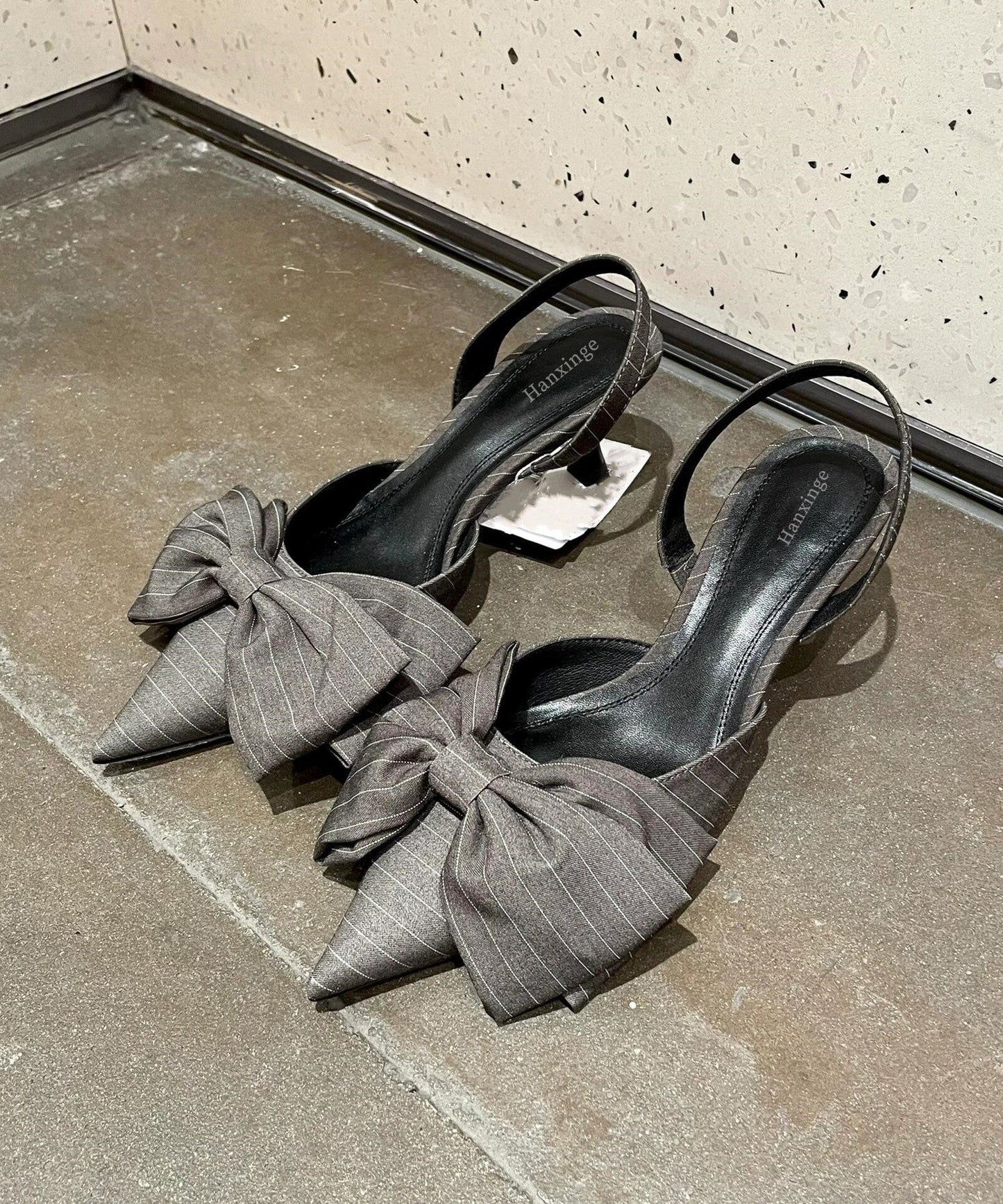 Sandals Splicing High Pointed Grey Heel Classy Toe Bow FashionChic