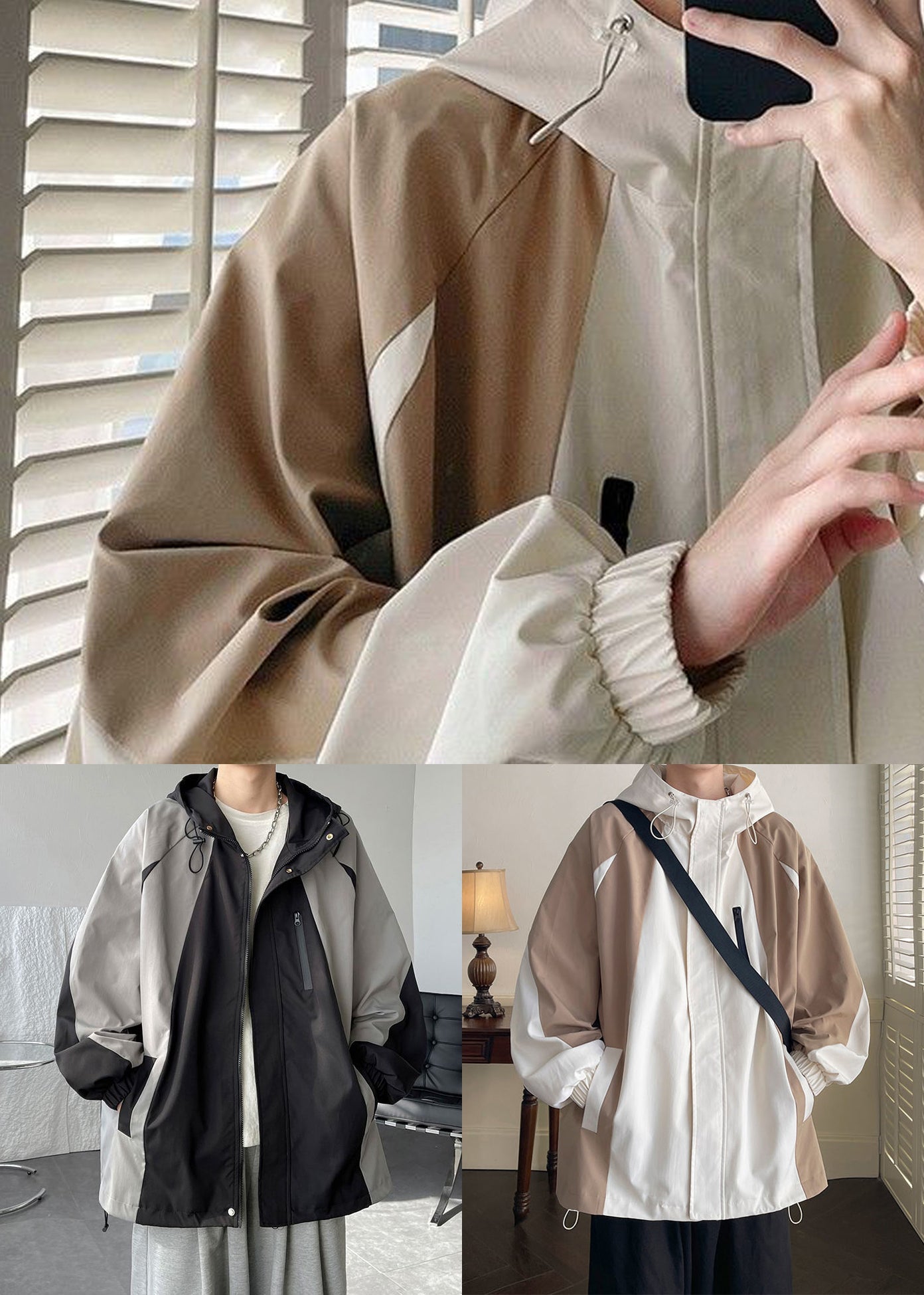 Cotton Hooded Patchwork Mens Classy Coats Grey Drawstring Spring FashionChic