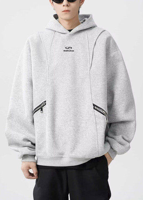 Classy Grey Hooded Zippered Warm Fleece Men Sweatshirt Spring YQ029 ABC