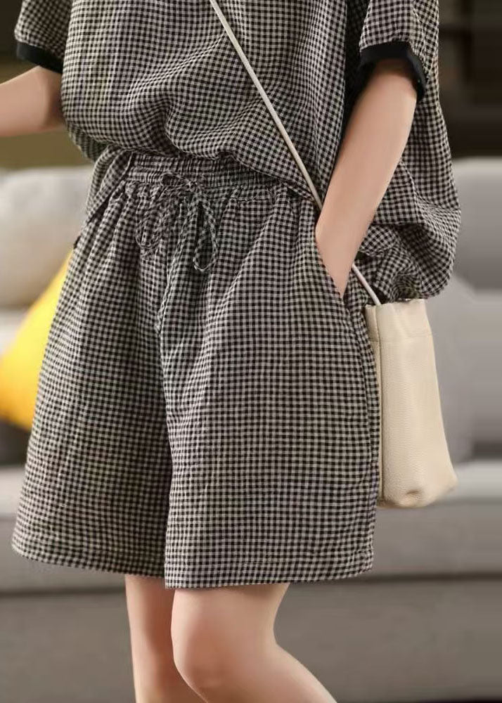 Classy Summer Oversized Plaid Linen Shorts Grey FashionChic