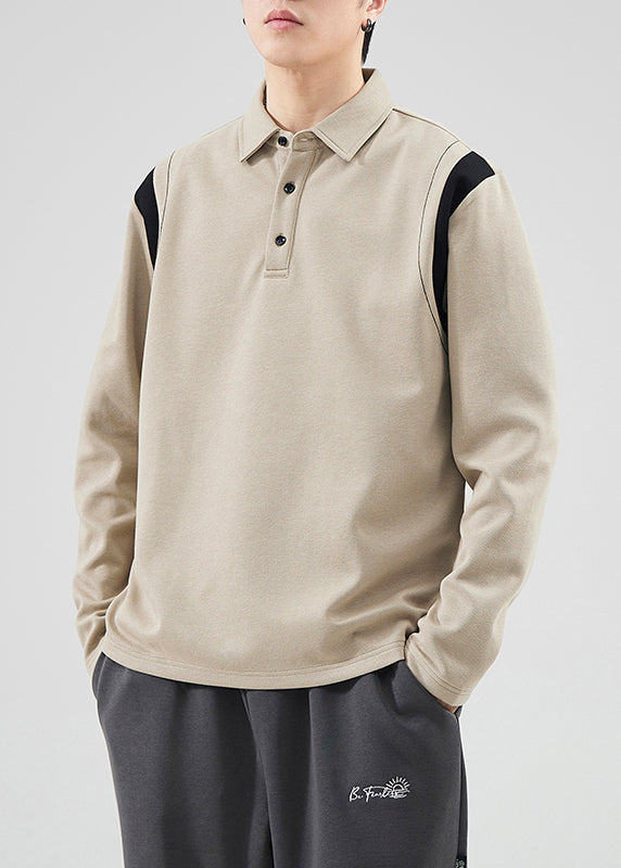 Classy Mo Polo Sweatshirts Button Spring TC032 Patchwork Men Cotton Brown