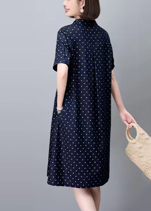 Mid Pan Summer Cotton Pring Peter Classy Navy Dress Dot Collar FashionChic